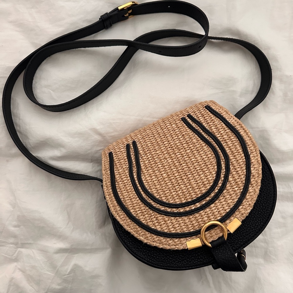 Chloe Marcie Black and Tan Rattan & Leather Crossbody Bag